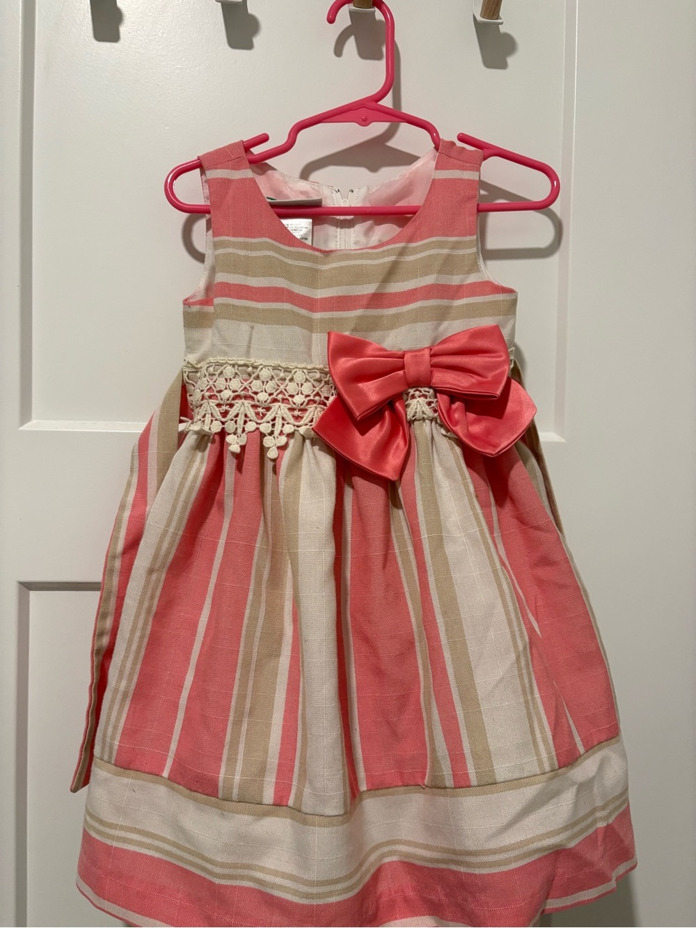 Bonnie Jean Coral and Cream Striped Dress with Bow
